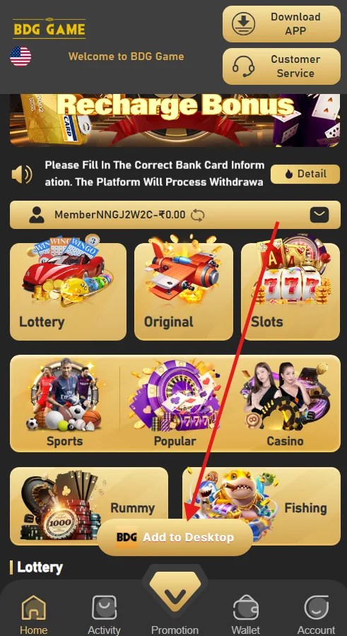 Click Add to Desktop to download the BDG Win APK file